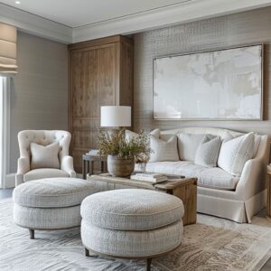 Modern frosty living room accents lend a contemporary feel to the traditional ranch house style