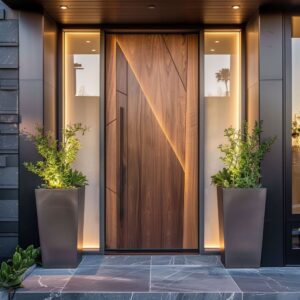 The simplicity of design in this modern entrance door for an American-style house belies its adaptability and enduring beauty