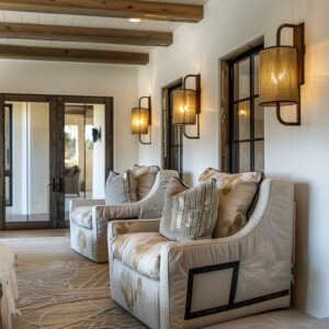 A big soft rug anchors the seating area and wall lights add warmth and comfort