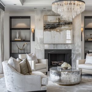 A high-end sitting spot featuring a grand crystal chandelier, which acts as a statement piece and focal point for the room