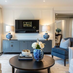 A sophisticated drawing room with cream and cobalt accents, highlighted by a marble-top coffee table and elegant decor