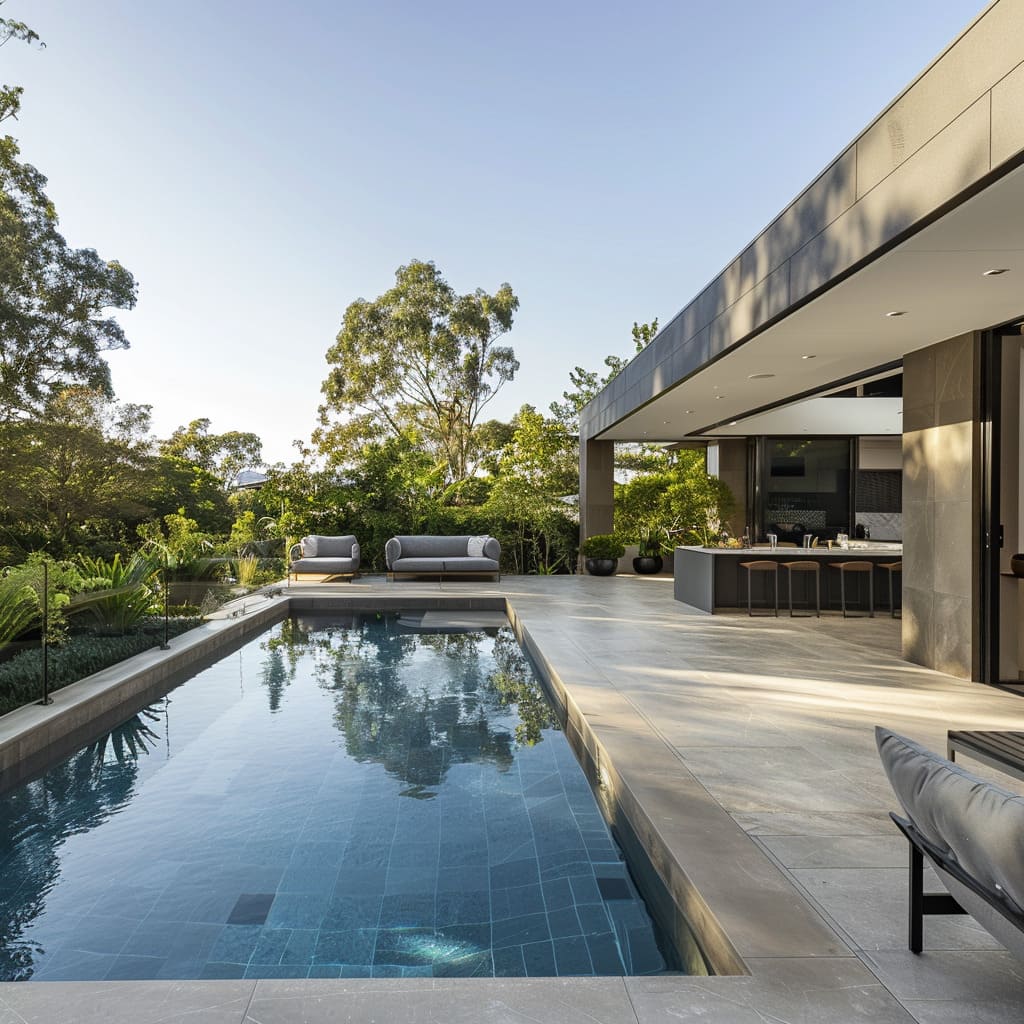 A sophisticated outdoor area in Newcastle, where sleek design meets natural beauty near the ocean.
