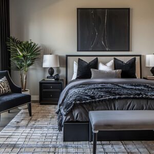 An elegant black master chamber adorned with luxurious accents