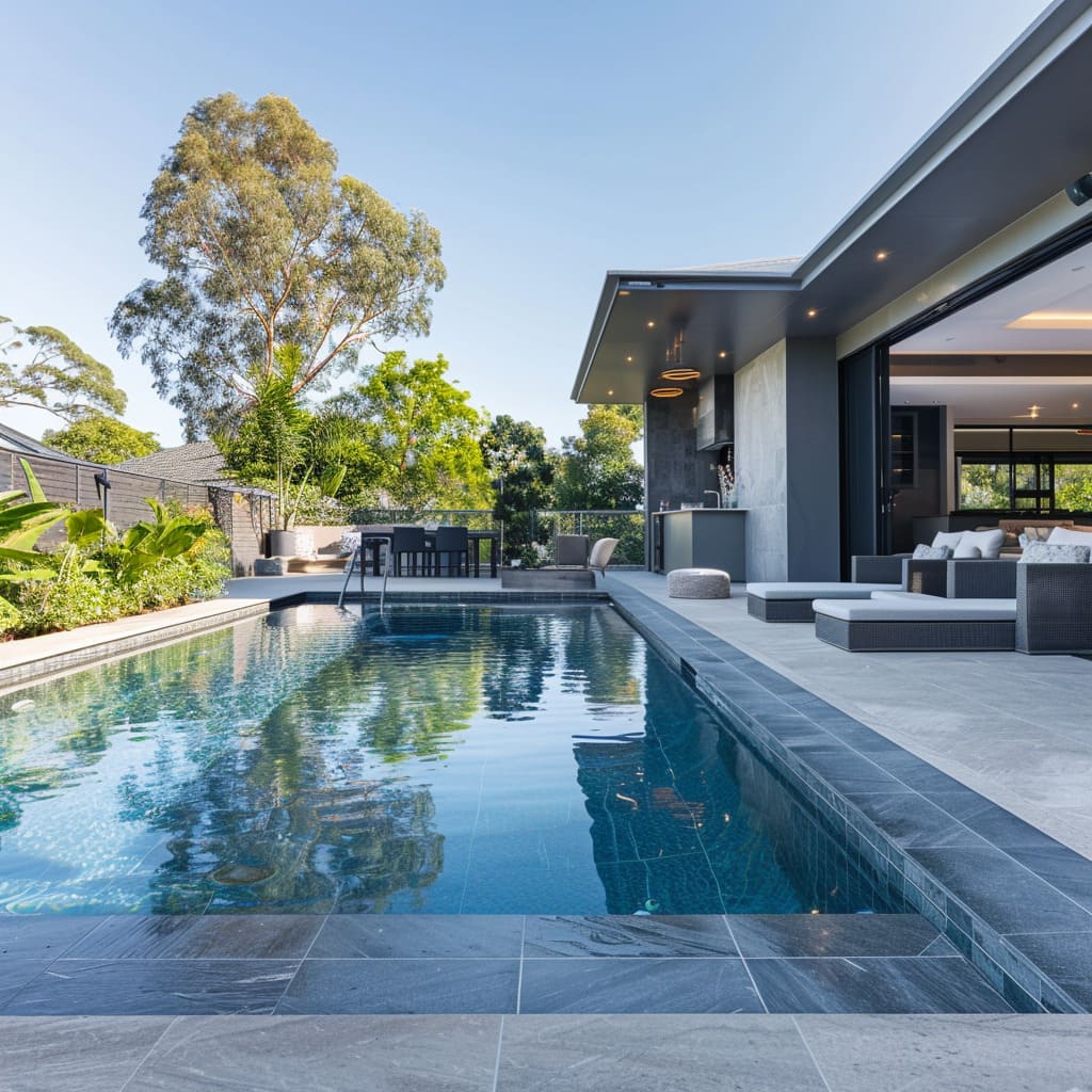 An elegant outdoor setup with plush seating and minimalist dining in Newcastle, reflecting tranquility and style.