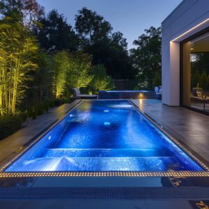 An enchanting backyard water haven, featuring minimalist design and natural elements