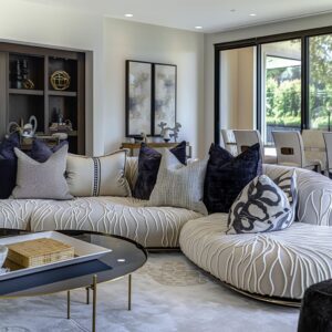 Luxurious sitting area with plush upholstery and a curated selection of books