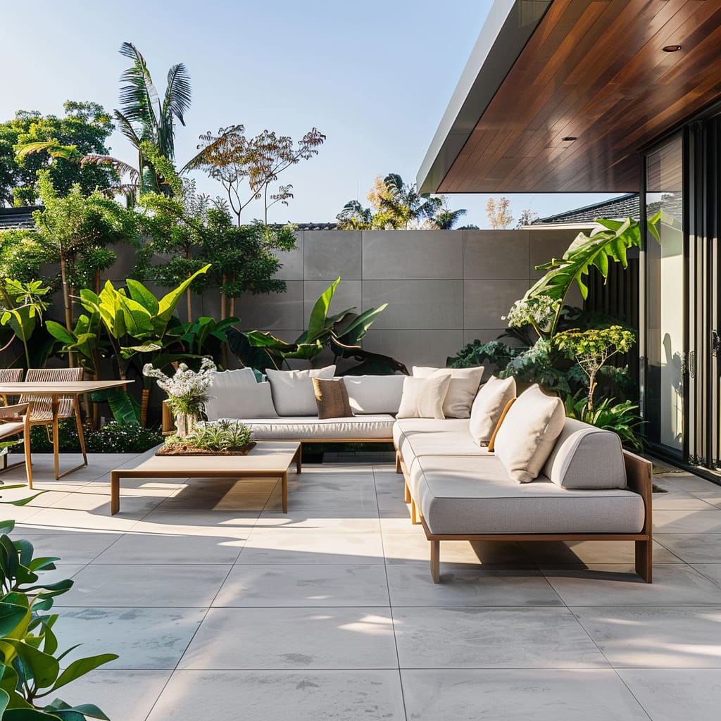 The outdoor space blends modern design with natural elements featuring native plants and ocean views