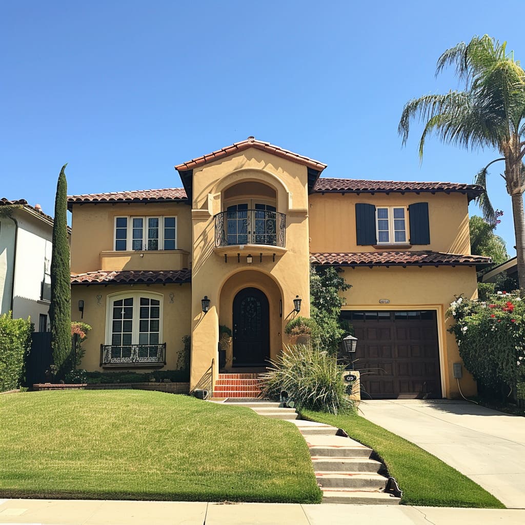 A beautiful Spanish Revival home featuring white stucco walls and a clay tile roof