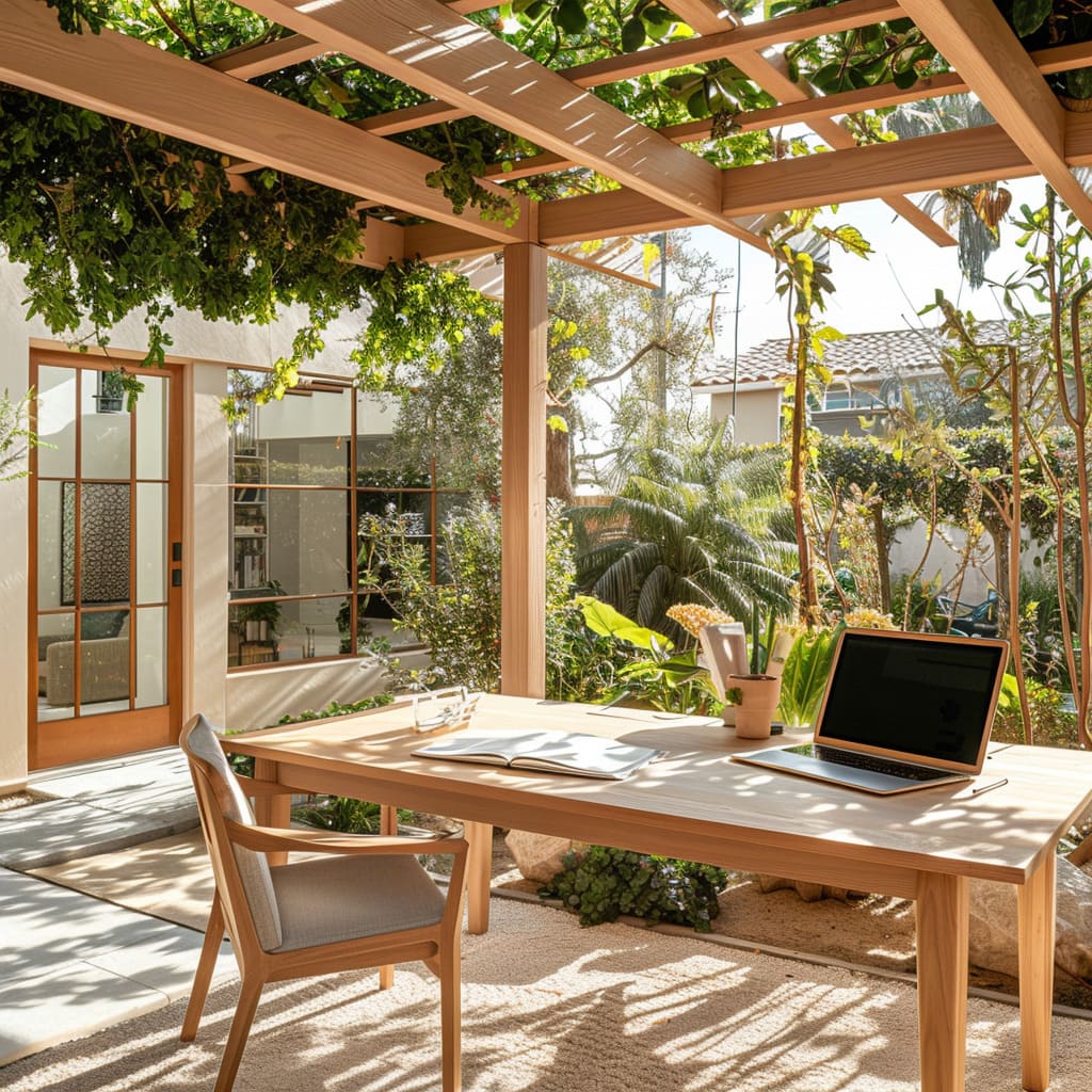 A charming garden shed office with vintage accessories and a welcoming atmosphere, perfect for productive workdays