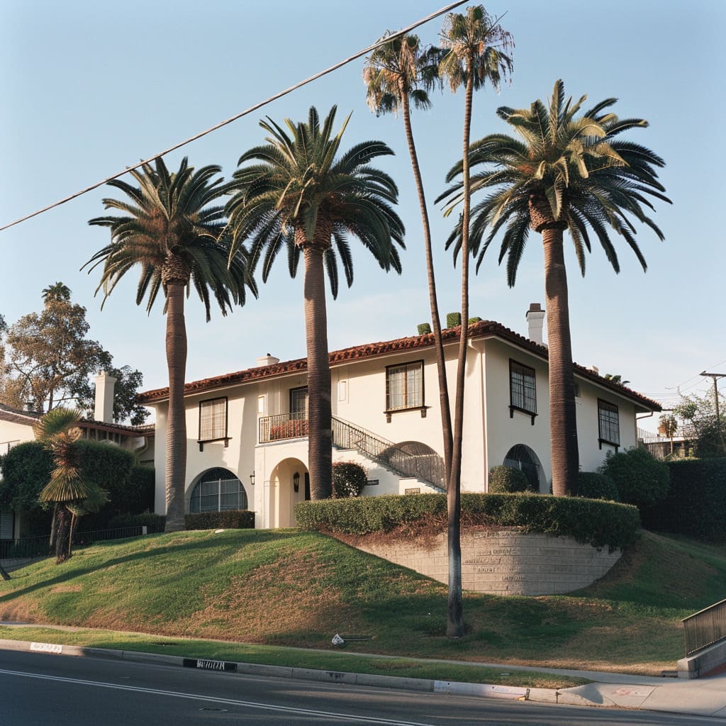 A charming traditional California style house with a stucco exterior and a red tiled roof