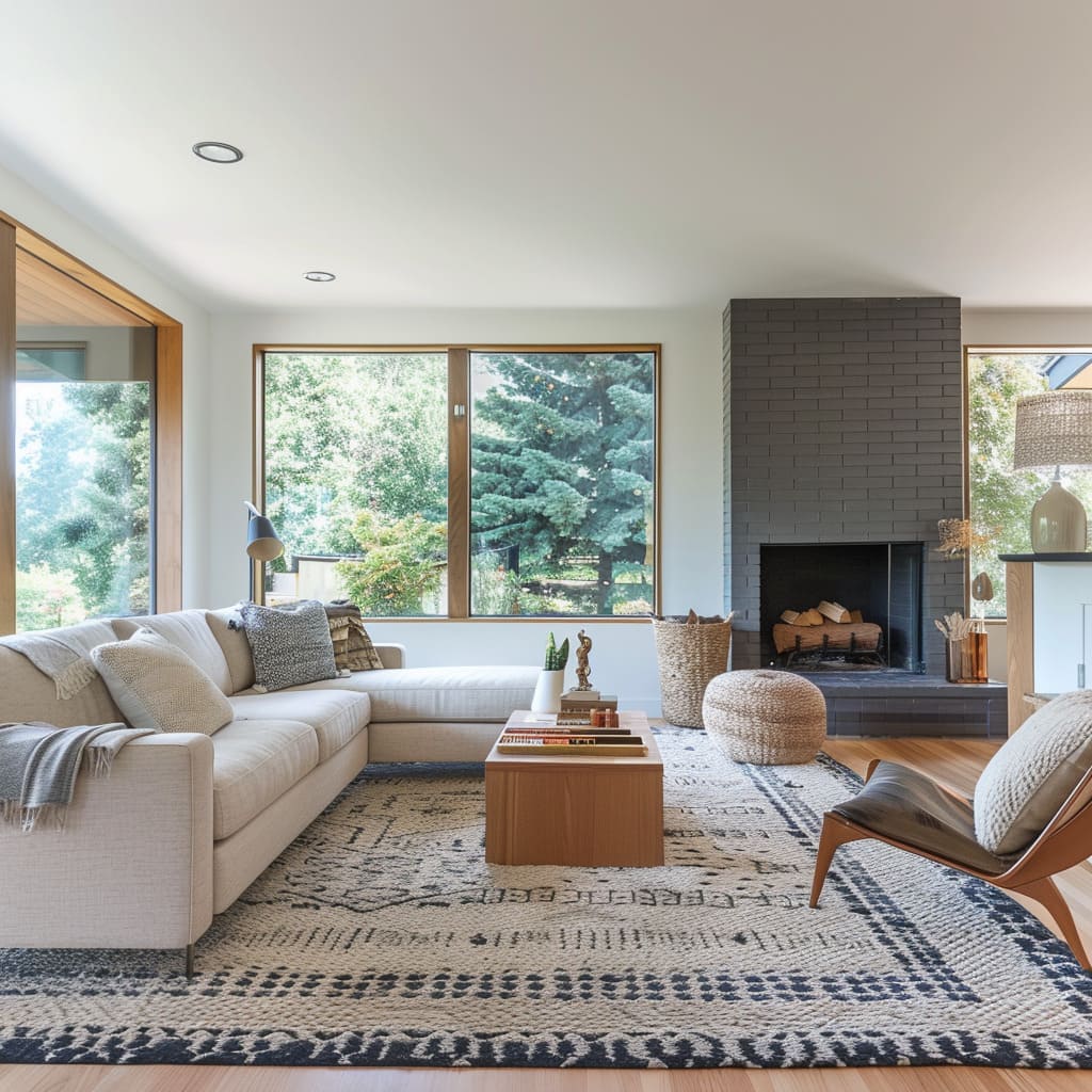 An eclectic living room combining modern and vintage elements, with colorful cushions, unique art pieces, and a soft, inviting glow from various light sources