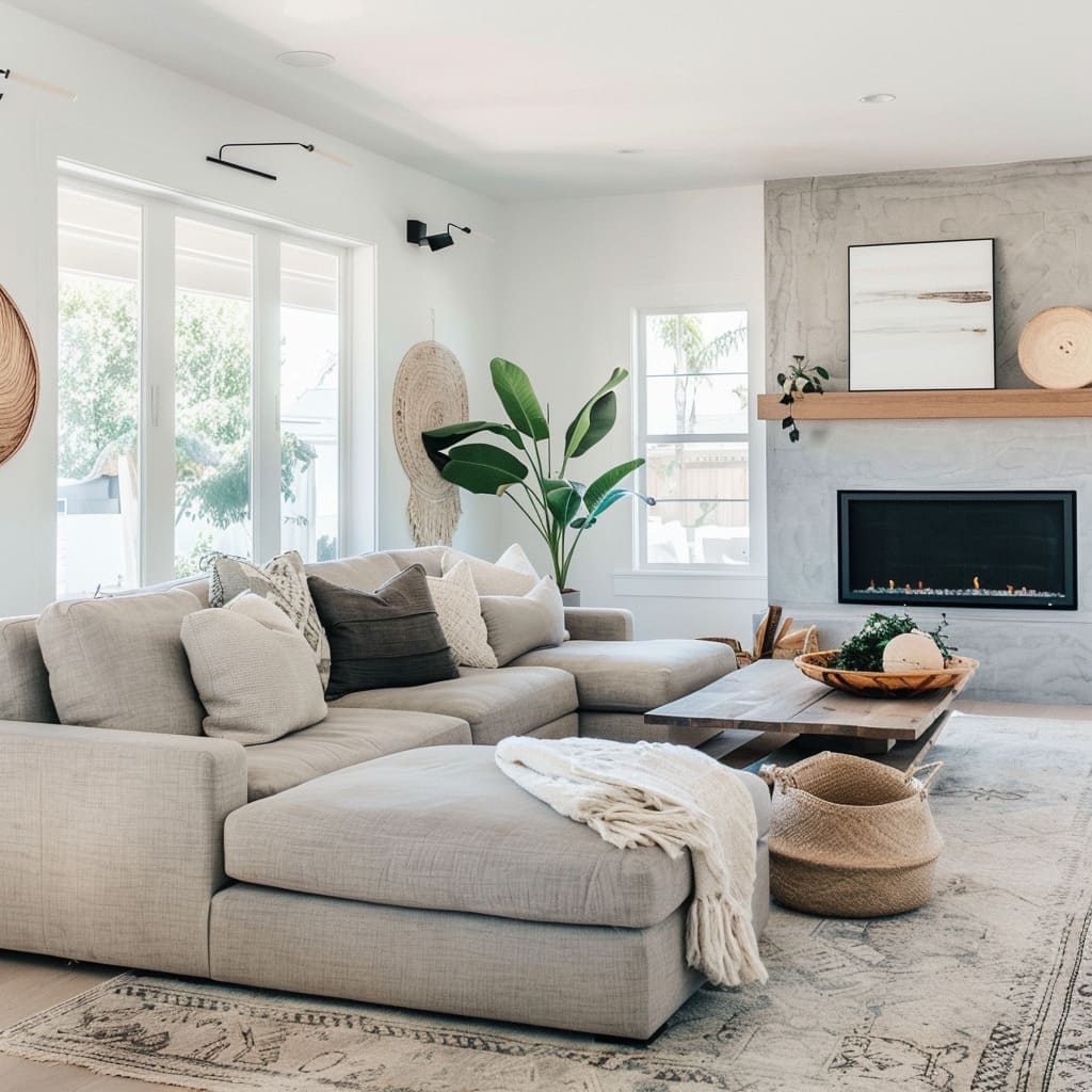 This eclectic salon combining modern and vintage elements, colorful cushions, unique art, and a soft, inviting glow from various light sources