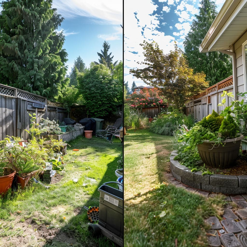 A backyard before and after a junk hauling company cleaned it