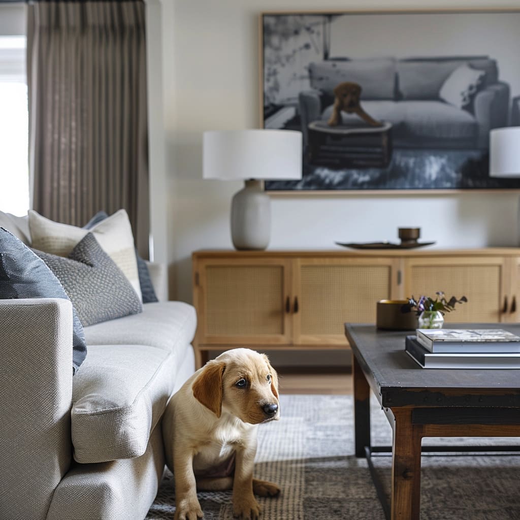 A curious puppy in a houses living room