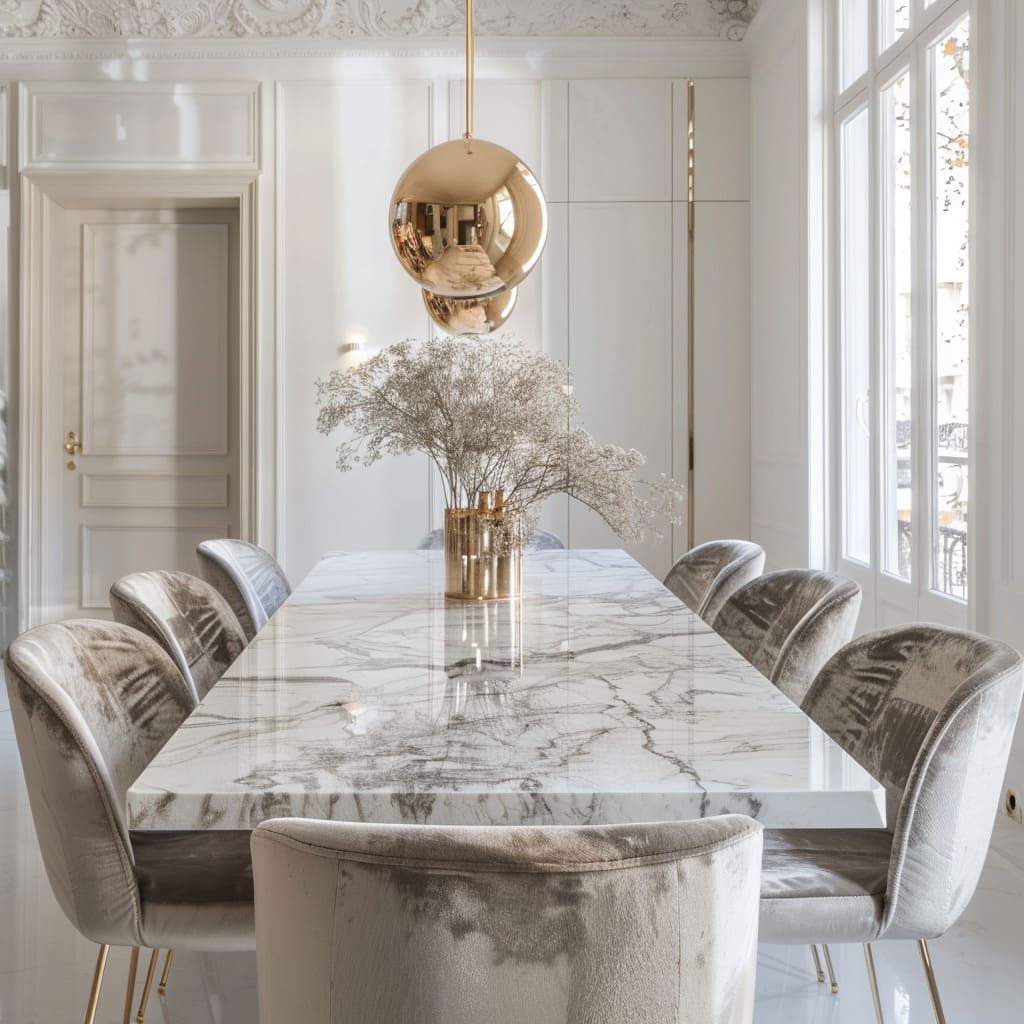 A dining table made of white marble