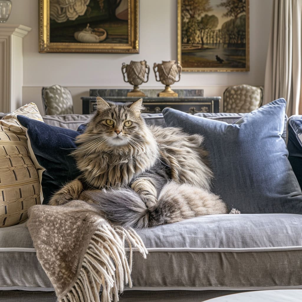 A fluffy cat lounges on the sofa in a living room sofa