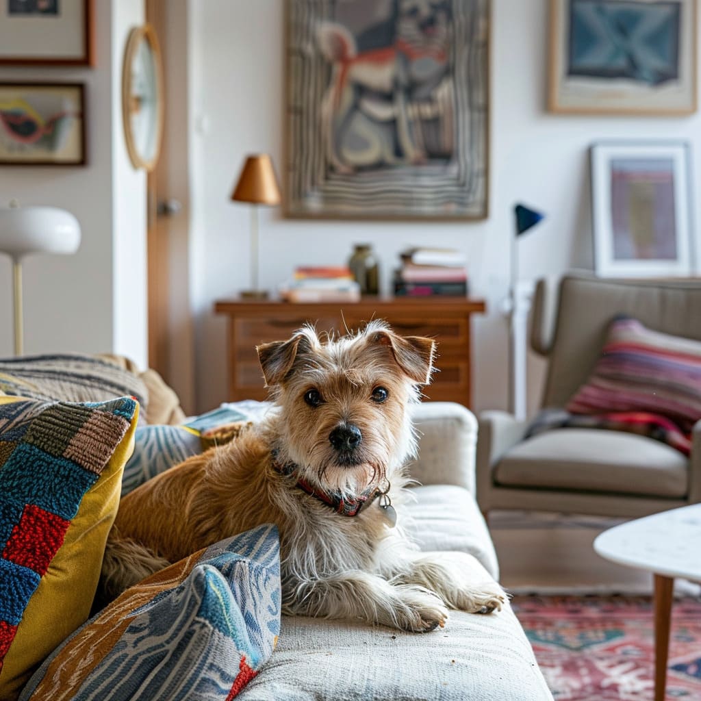 A friendly dog lounges on the sofa