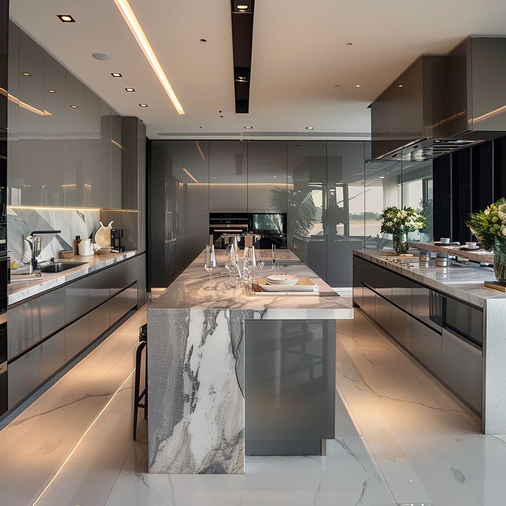A luxurious modern kitchen with gray marble.