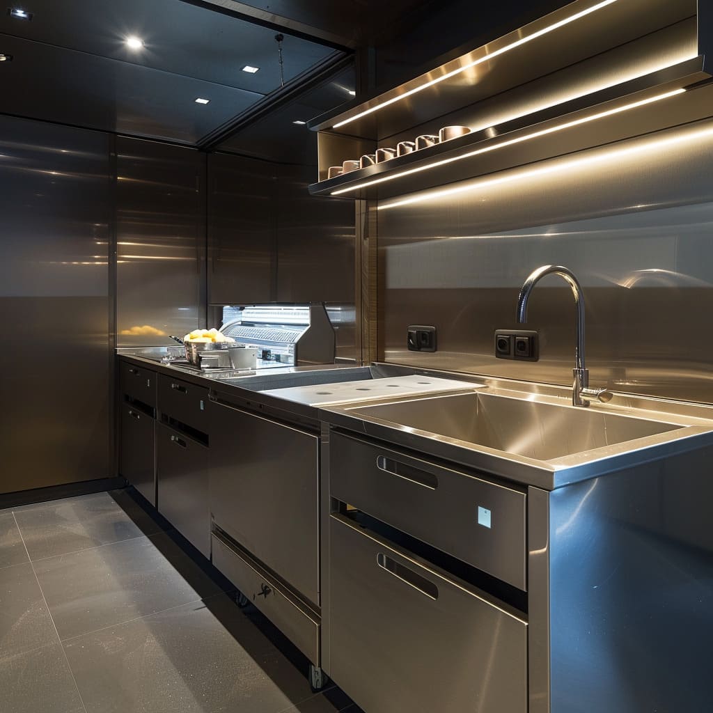 A modern commercial kitchen design integrates a powerful grease trap