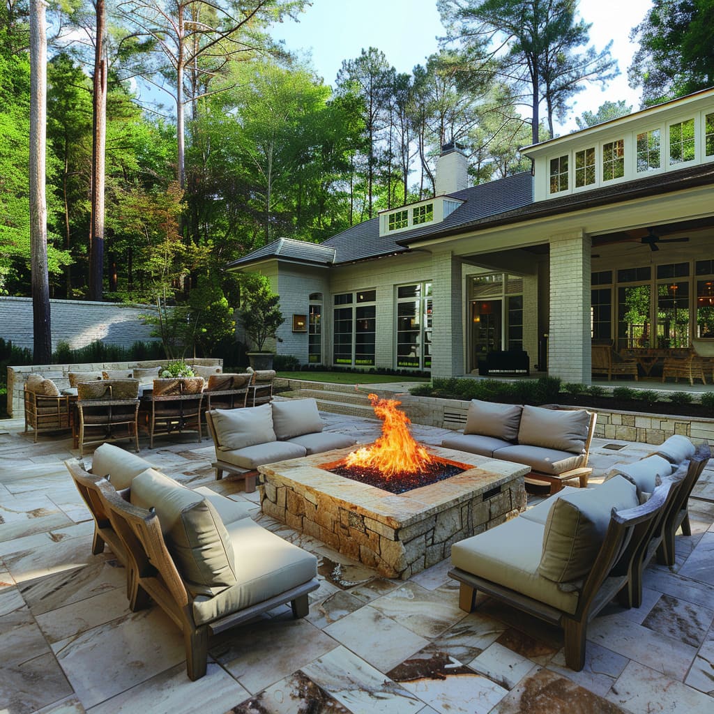 In this home, the backyard has been transformed with warm-toned travertine pavers.