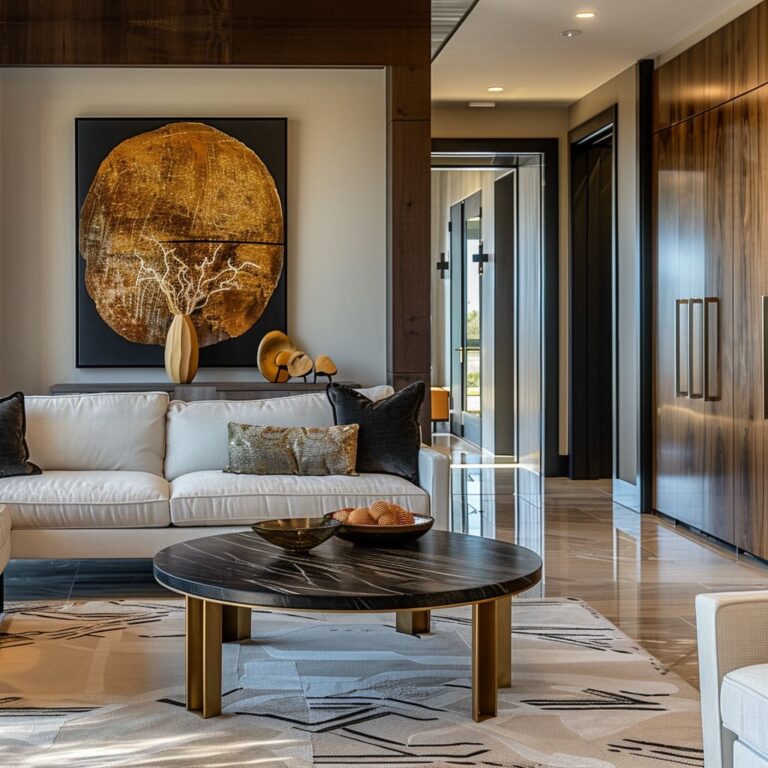 Luxury Living Room Design With Rich Wood & Modern Elements