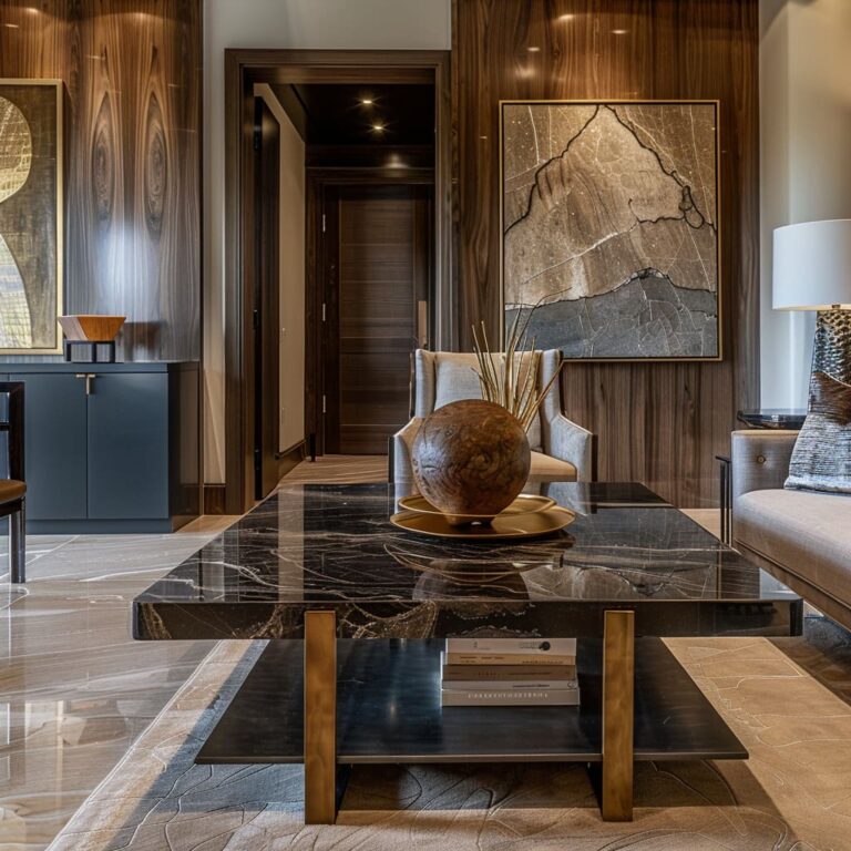 Luxury Living Room Design With Rich Wood & Modern Elements