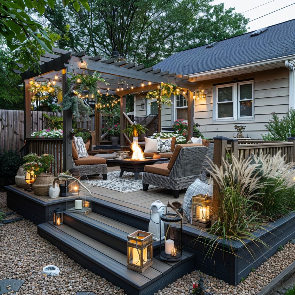 The deck is adorned with a cozy seating area complete with weather-resistant cushions and a small fire pit