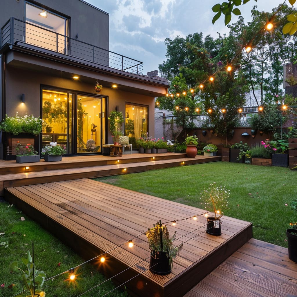 The deck overlooks a manicured lawn with a blend of urban and natural elements, including planters with vibrant flowers and a small vegetable garden