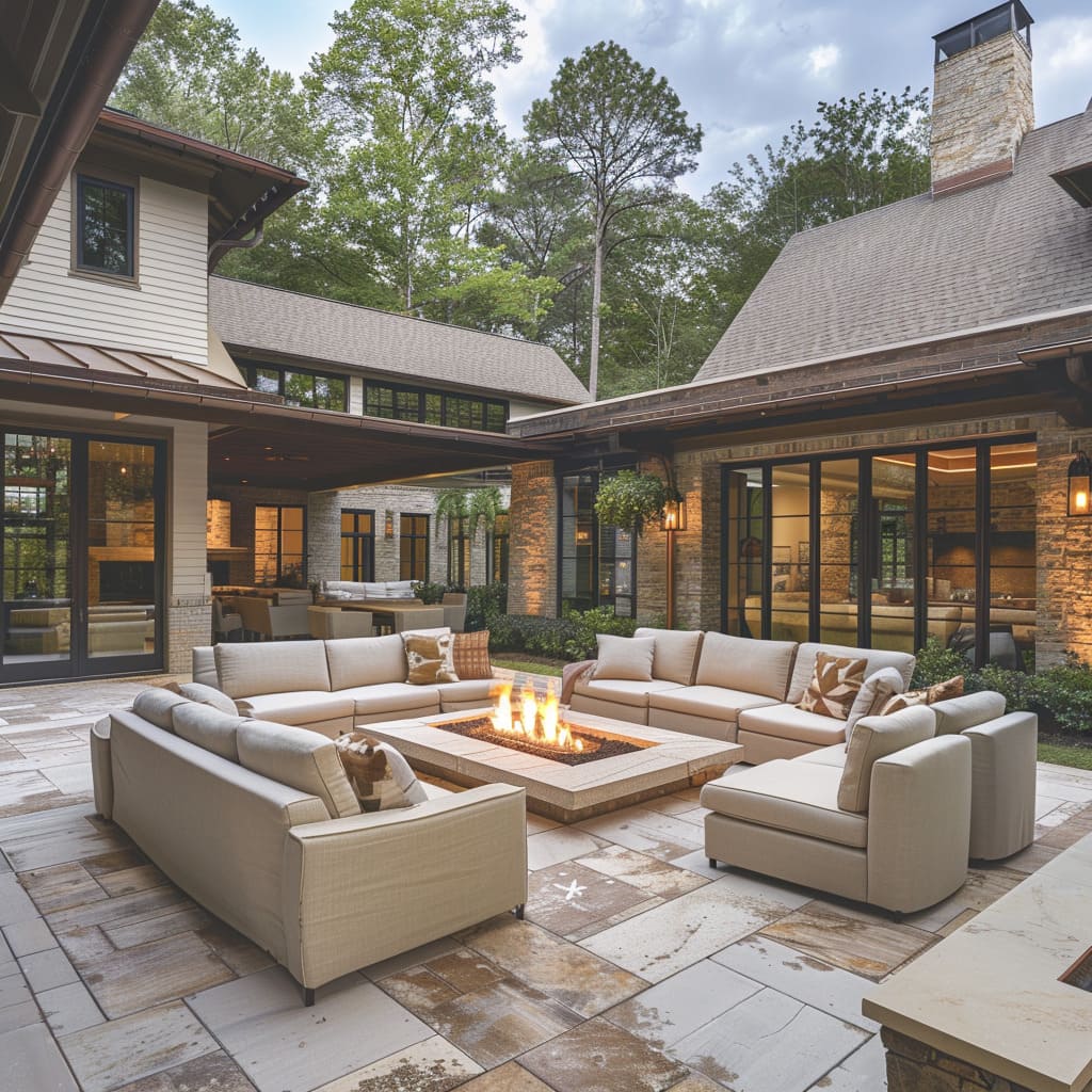 The inviting space includes a fire pit surrounded by comfortable seating, perfect for cozy gatherings on cool evenings.