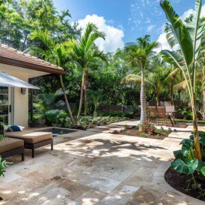 The light, natural tones of the pavers complement the lush tropical landscaping, offering a serene oasis in the heart of the city.