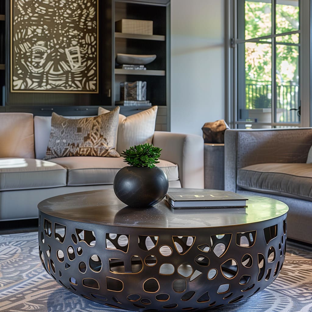 The lounge room in this home boasts a stylish metal coffee table enhancing its contemporary decor