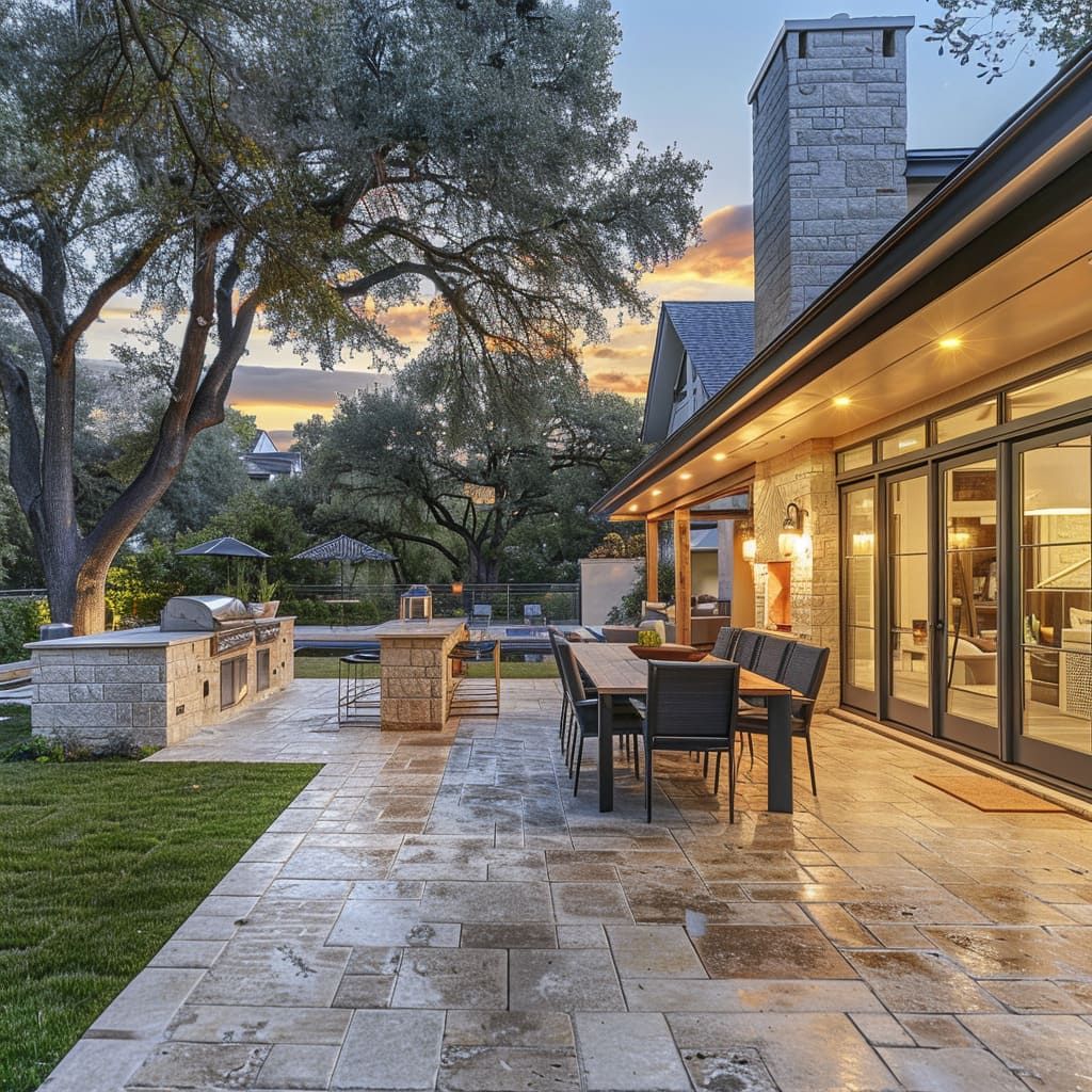 The newly remodeled backyard in this home boasts stunning travertine pavers.