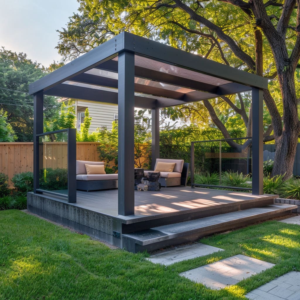 The refined linear gazebo design is accentuated by frosted glass panels and a smooth concrete base