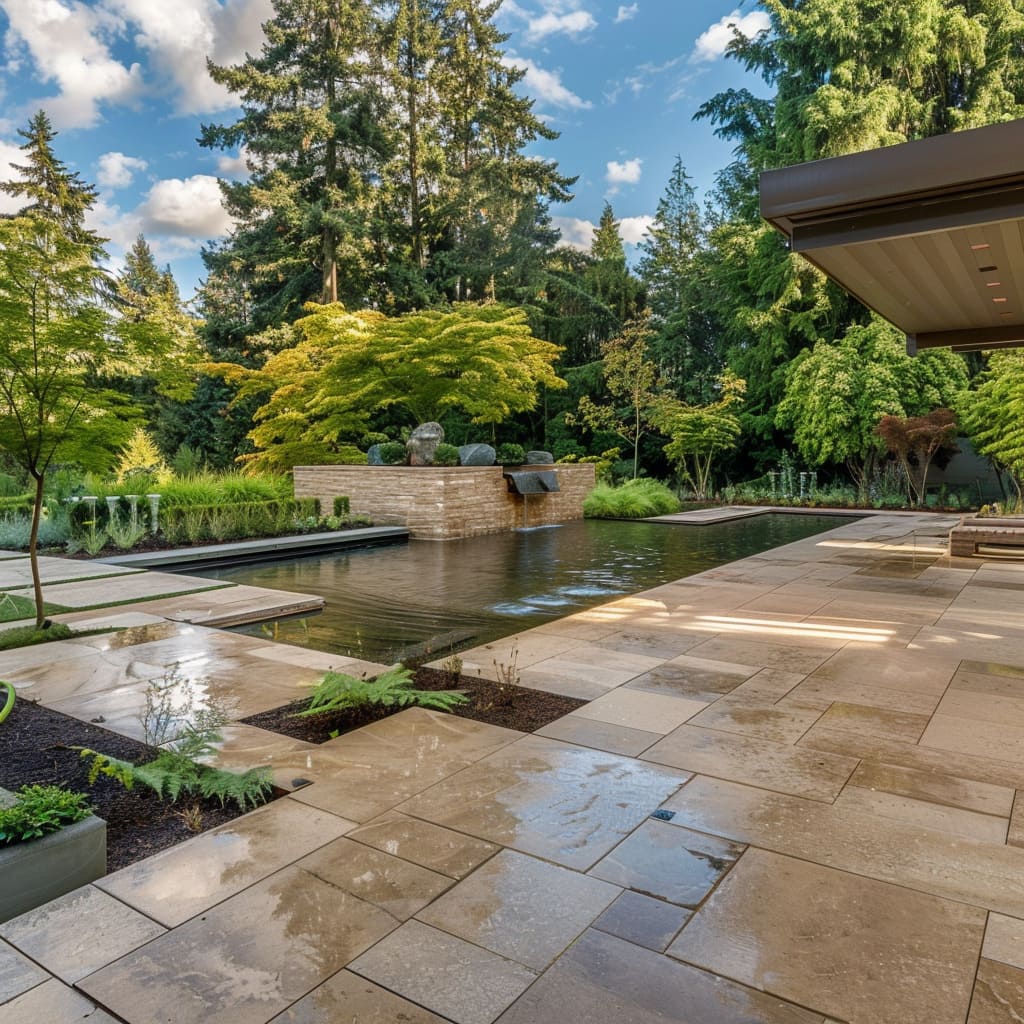 This backyard features beautiful travertine pavers that blend seamlessly with the natural surroundings