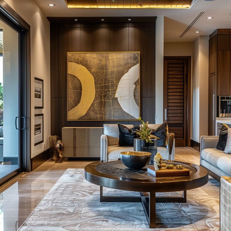 Luxury Living Room Design With Rich Wood & Modern Elements