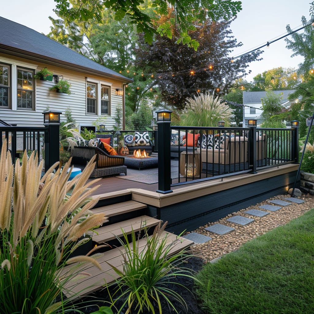 The deck overlooks a manicured lawn with a blend of urban and natural elements, including planters with vibrant flowers and a small vegetable garden