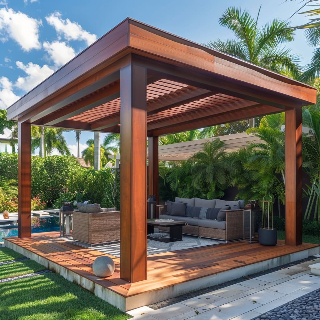 this small backyard gazebo features a cutting edge design with freshly dyed mahogany beams in a warm reddish brown hue