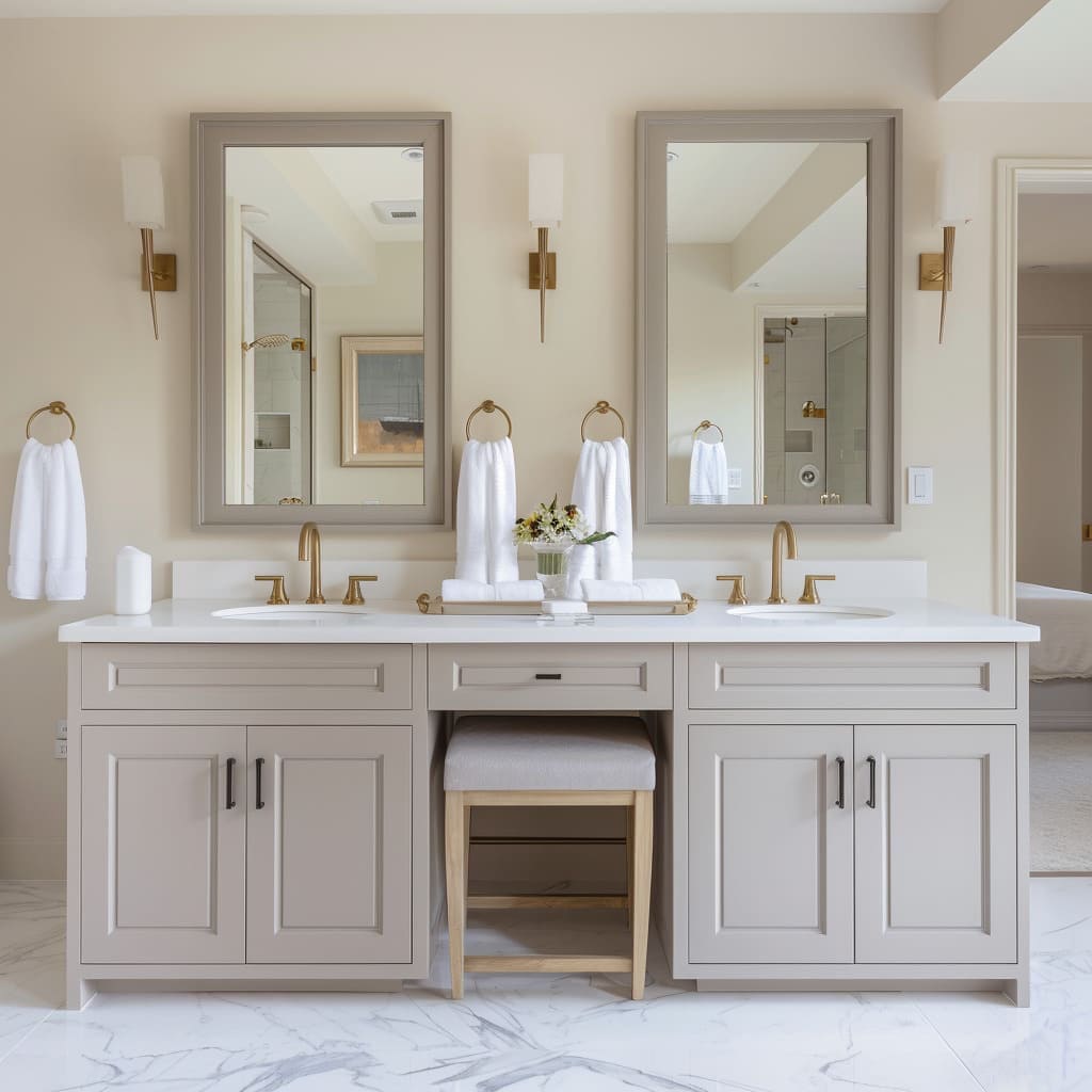 A beautiful vanity with 2 sinks and a space for a chair