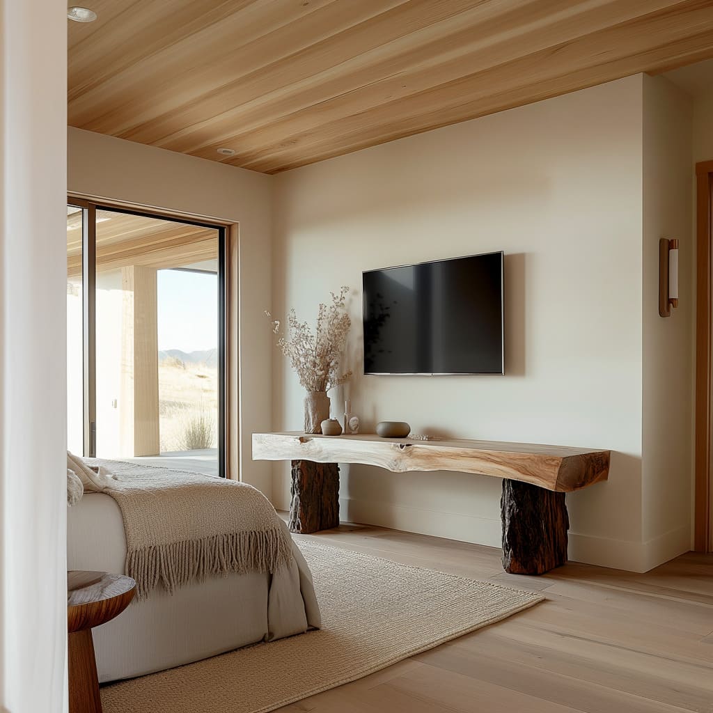 A chic and uncomplicated bedroom with TV console featuring soft, neutral colors with natural wood accents and minimalist decor.jpg