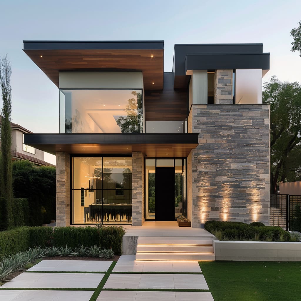 A modern house with a part stone  cludded facade