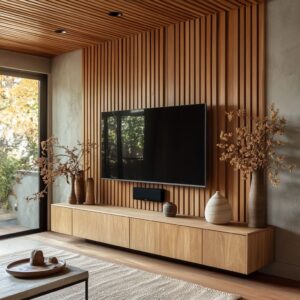 Unique Media TV Wall Design: Blending Minimalist, Farmhouse, and Japandi Styles