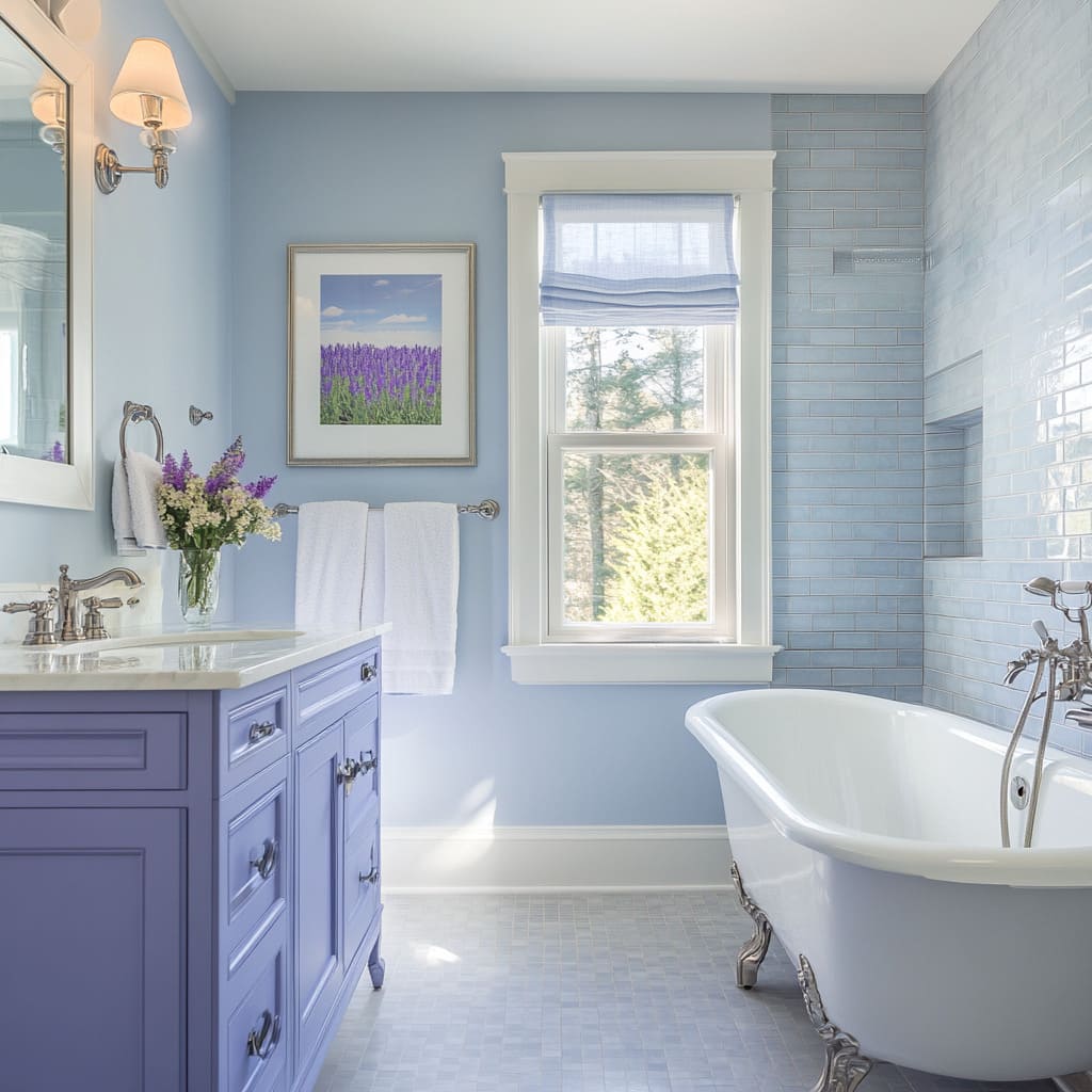 Nestled in a cozy cottage, this master bathroom offers a serene and inviting atmosphere with its soothing sky blue and soft lavender color palet.jpg