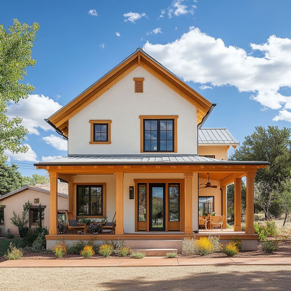 The cottage's exterior features a terracotta-colored siding that pays homage to the region's adobe architecture, while cream trim and window frames add a modern twist.jpg