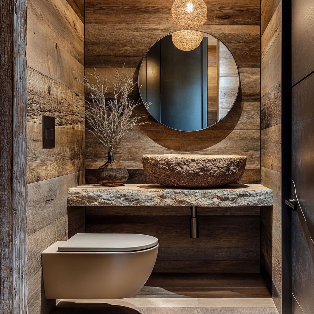 The room features a sleek, wall-mounted toilet with a warm, taupe-colored finish, blending harmoniously with the reclaimed wood paneling that covers the walls