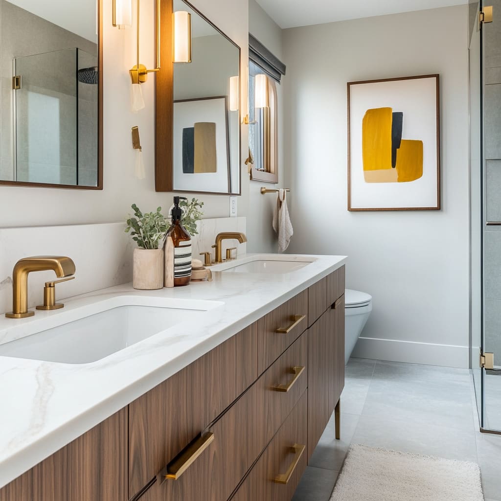 This up-to-date and stylish bathroom features a minimalist wall-mounted toilet to save space