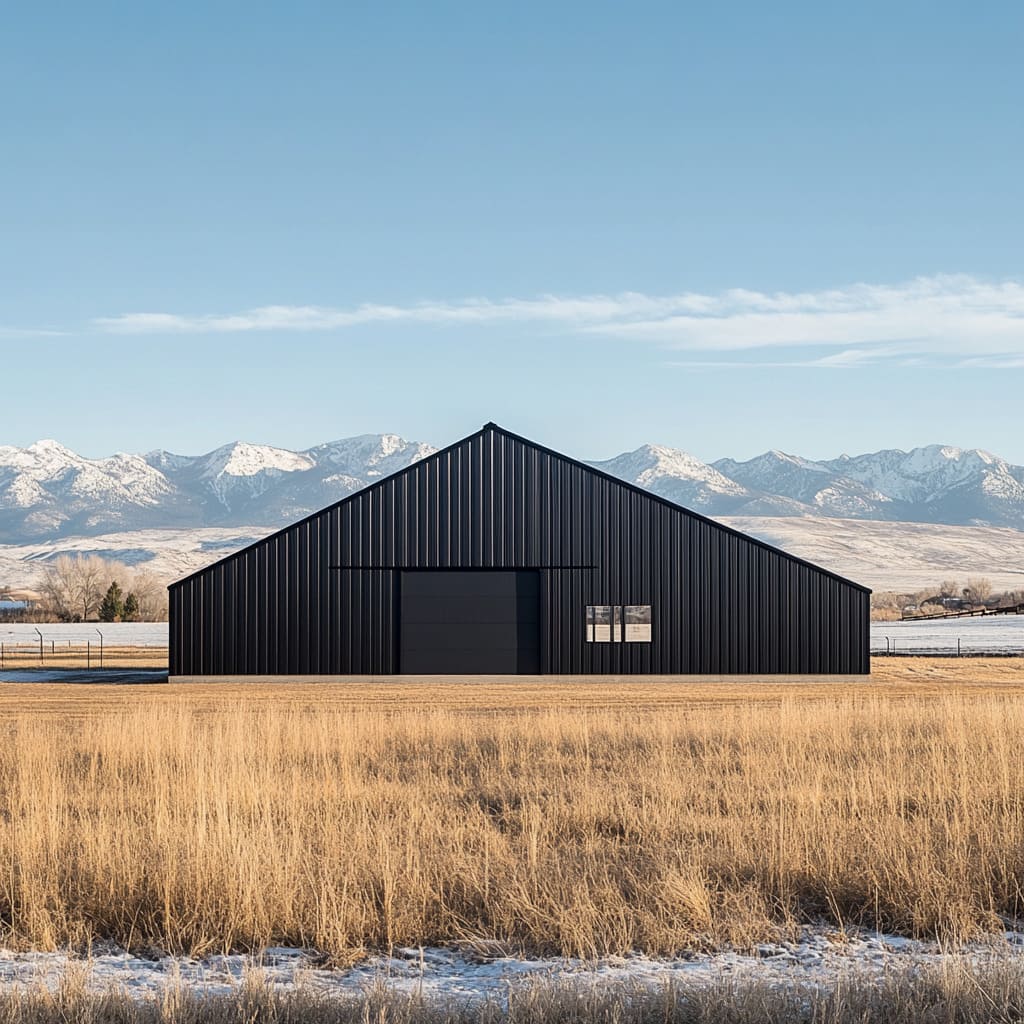 A matte black metal barn stands out in the wide fields