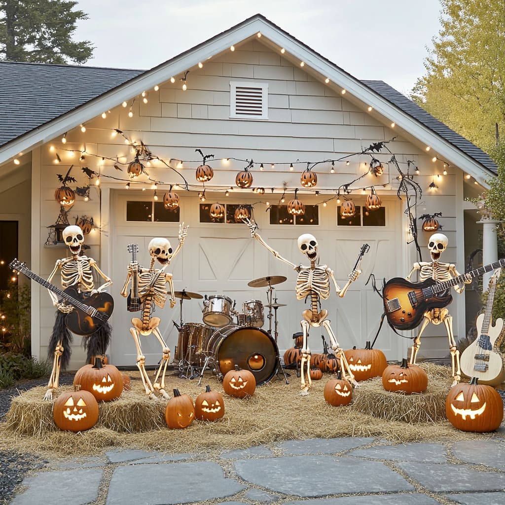 the garage door becomes the stage for a silly skeleton band for Halloween decorating.jpg
