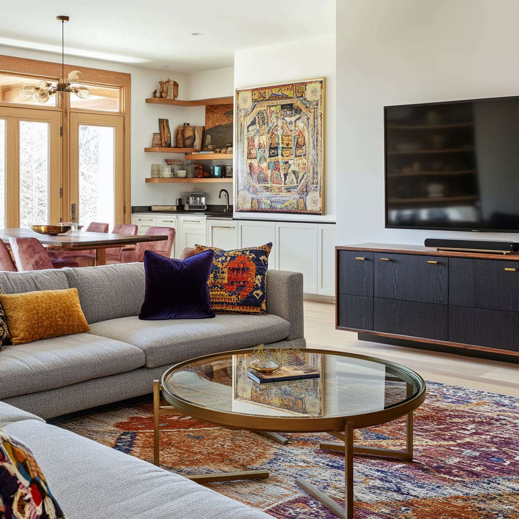 A cottage home blends contemporary furniture with eclectic decor for a warm, lived-in feel and a modular, soft gray sofa adorned with velvet throw pillows in jewel tones.jpg