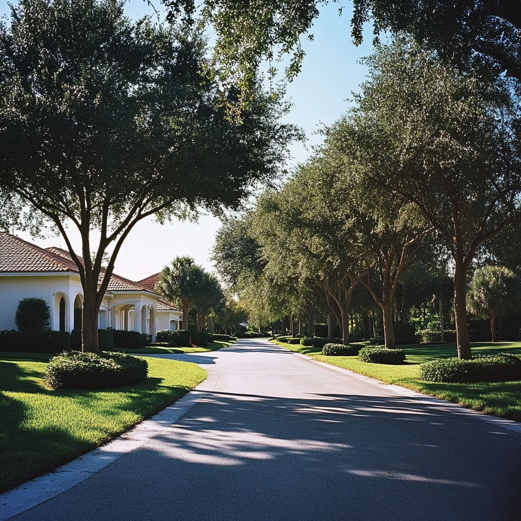 A well-maintained suburb features freshly trimmed trees lining the driveway and yard