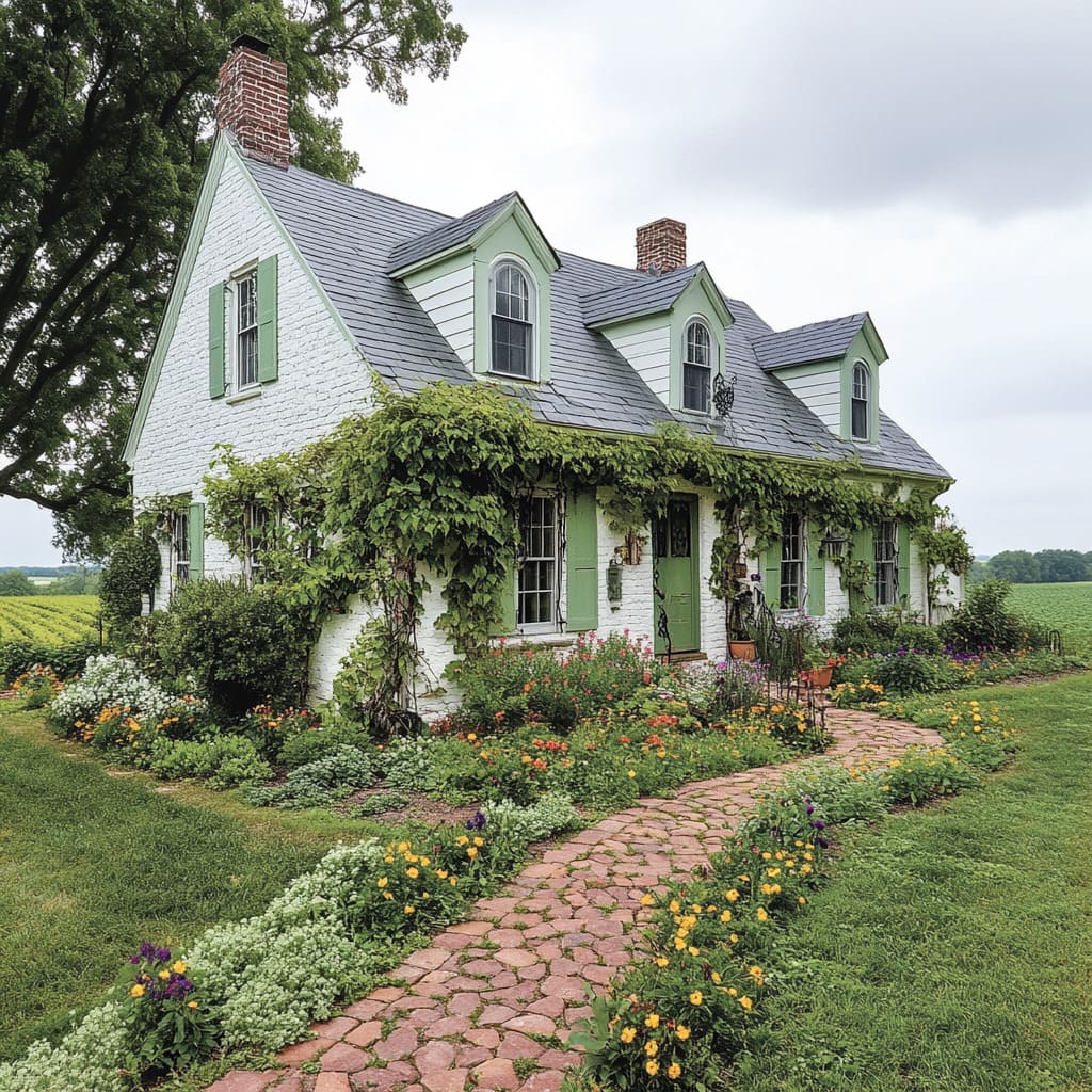 The welcoming front of this Cape Cod cottage features colorful blooms and a cozy wood and stone finish.jpg